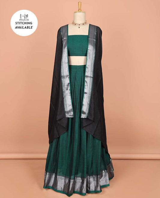 Green cotton half saree with contrast zari border, plain blouse & plain with zari border dhavani