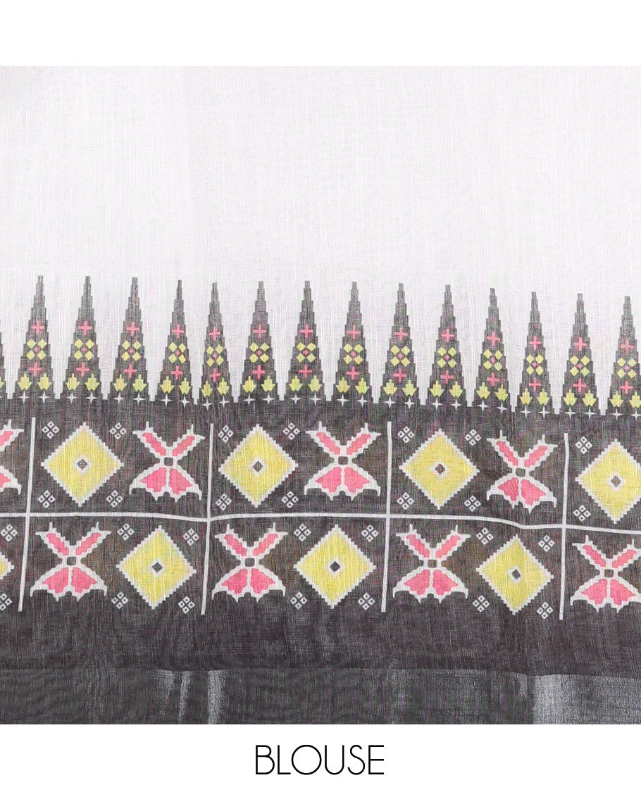 White-Black Plain Linen-Cotton Saree, Contrast Temple Ikat Printed Border, Contrast Pallu, and a Contrast Blouse