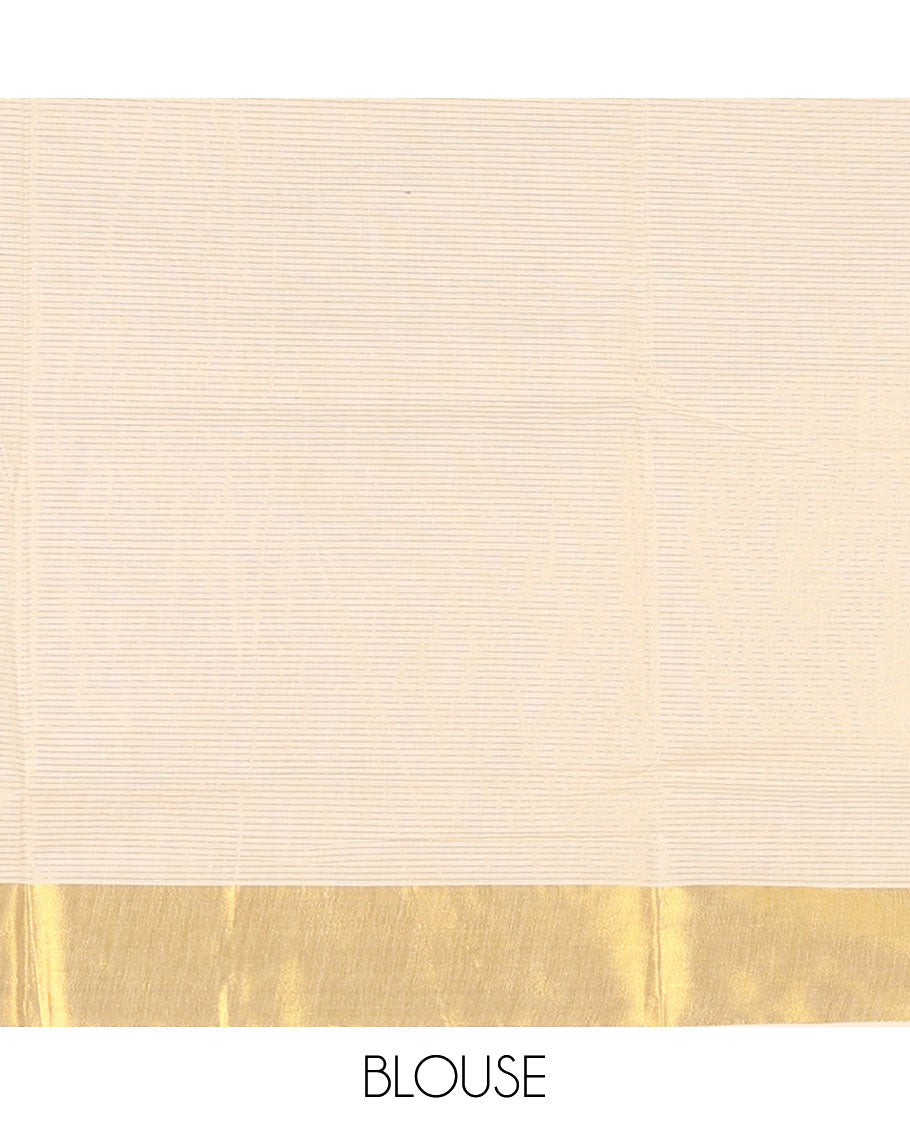 Cream Kerala cotton saree with zari stripes,hand-brush lotus motif painting & embroidery outlines, zari border & zari striped blouse