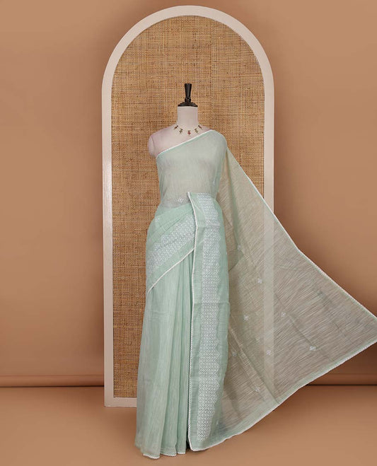 Green diamond patterns white resham thread embroidered mercerised cotton saree, lace border, and matching plain blouse
