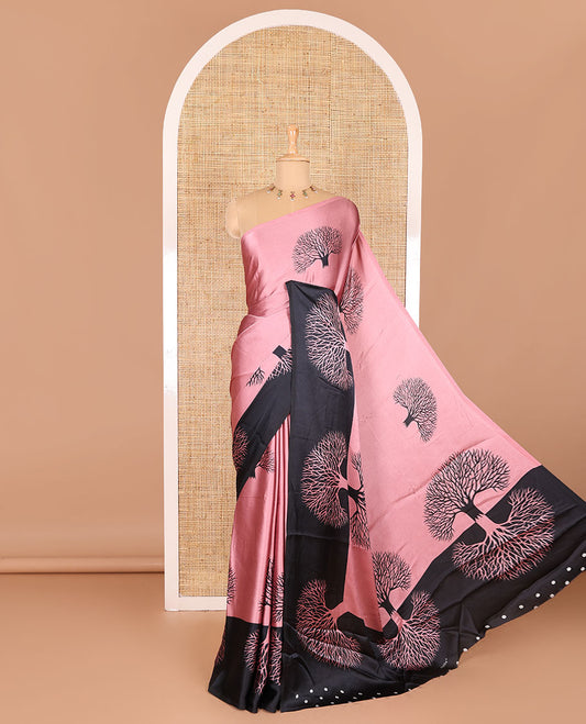 Onion pink tree motifs digitally printed Gajji silk saree with contrast printed border of upside down tree motifs, and contrast printed blouse