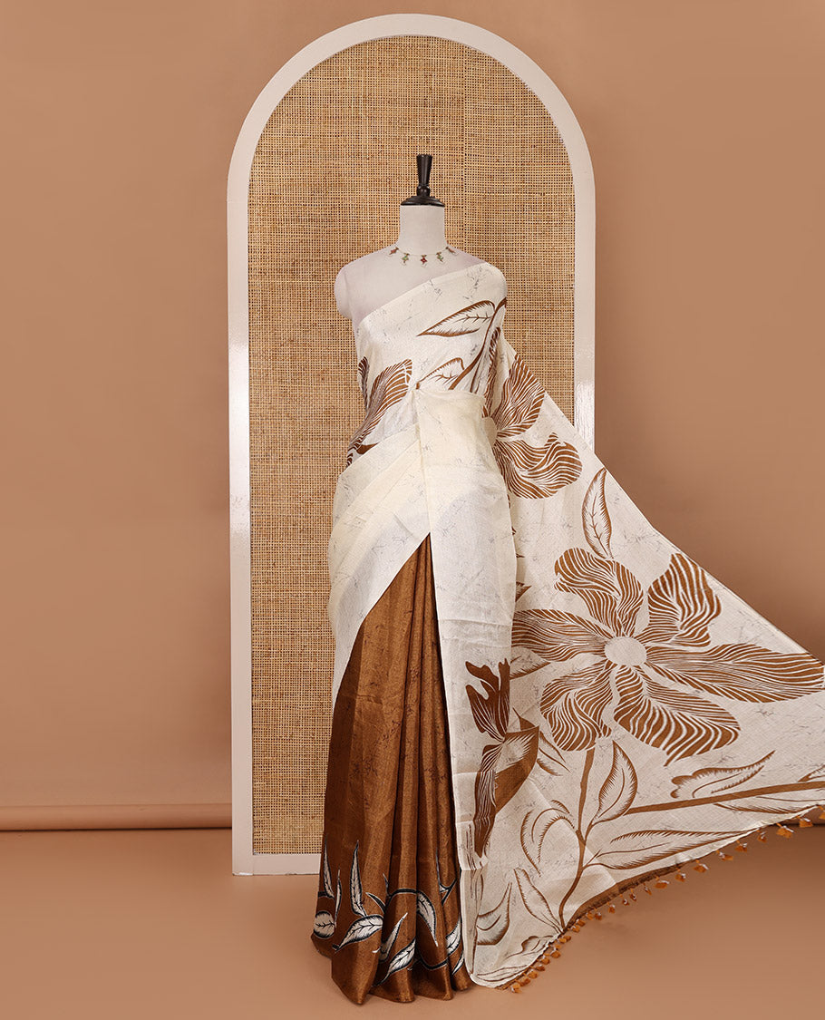 Borderless cream-mustard batik-style floral printed khadi cotton saree, printed pallu & printed blouse