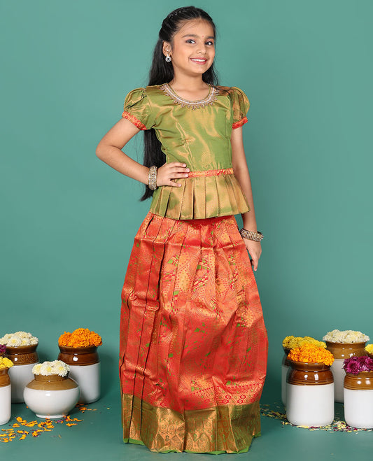 Red readymade art silk pavadai, jacquard & contrast zari border skirt & contrast jacquard round neck embroidered puff-sleeve blouse