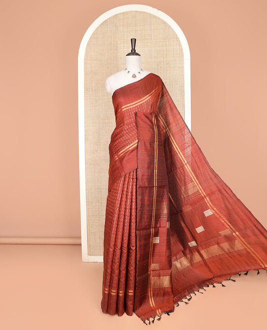 Rust Orange Dupion Silk Saree Beautified with Dobby-Style Buttas All Over Its Body, Zari Striped Border, Pallu Steeped with Square Designs, and Paired with a Matching Blouse