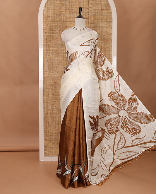 Borderless cream-mustard batik-style floral printed khadi cotton saree, printed pallu & printed blouse