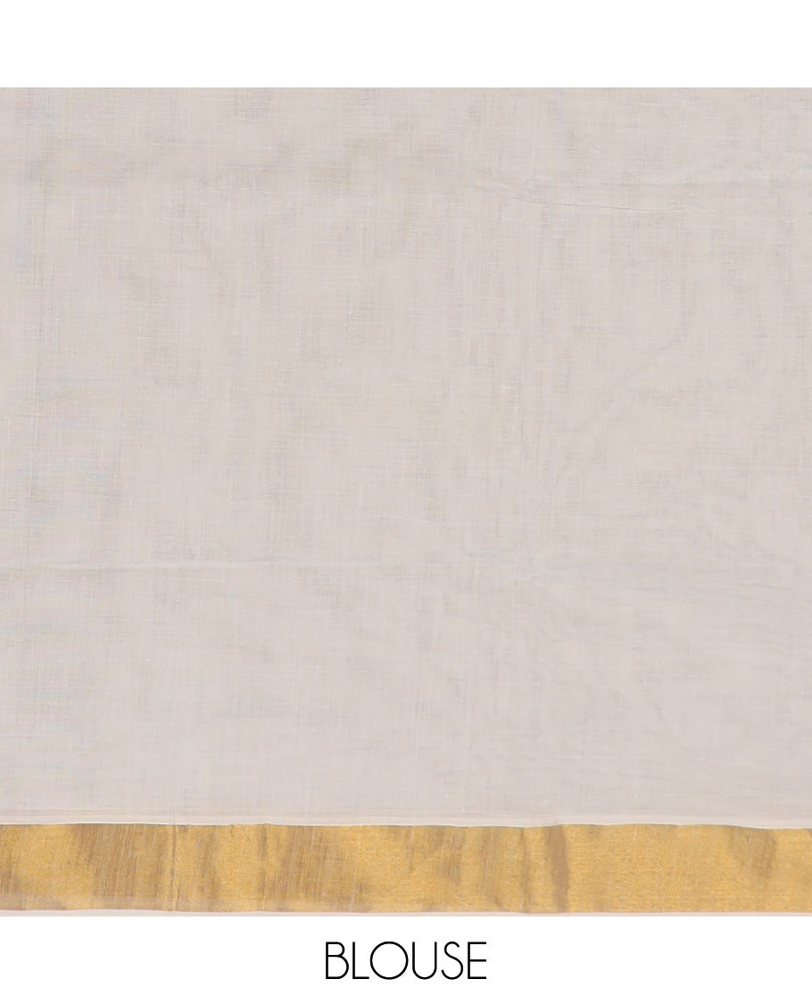 Cream plain kerala saree, plain border & pallu of zari paisley designs