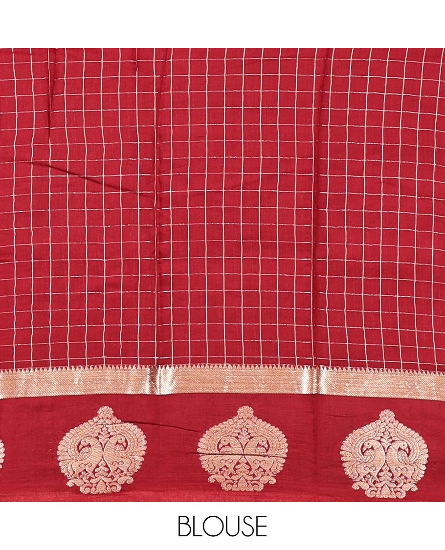 Mustard Assam Silk Saree, Decked Up with Checks, Complemented by Contrast Peacock Design Border, Zari-Striped Pallu, and a Contrast Blouse