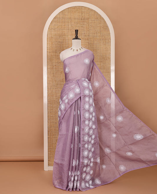 Lavender star flower motifs chikankari-style embroidered kota check saree, lace border & matching checked blouse