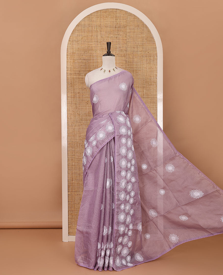 Lavender star flower motifs chikankari-style embroidered kota check saree, lace border & matching checked blouse