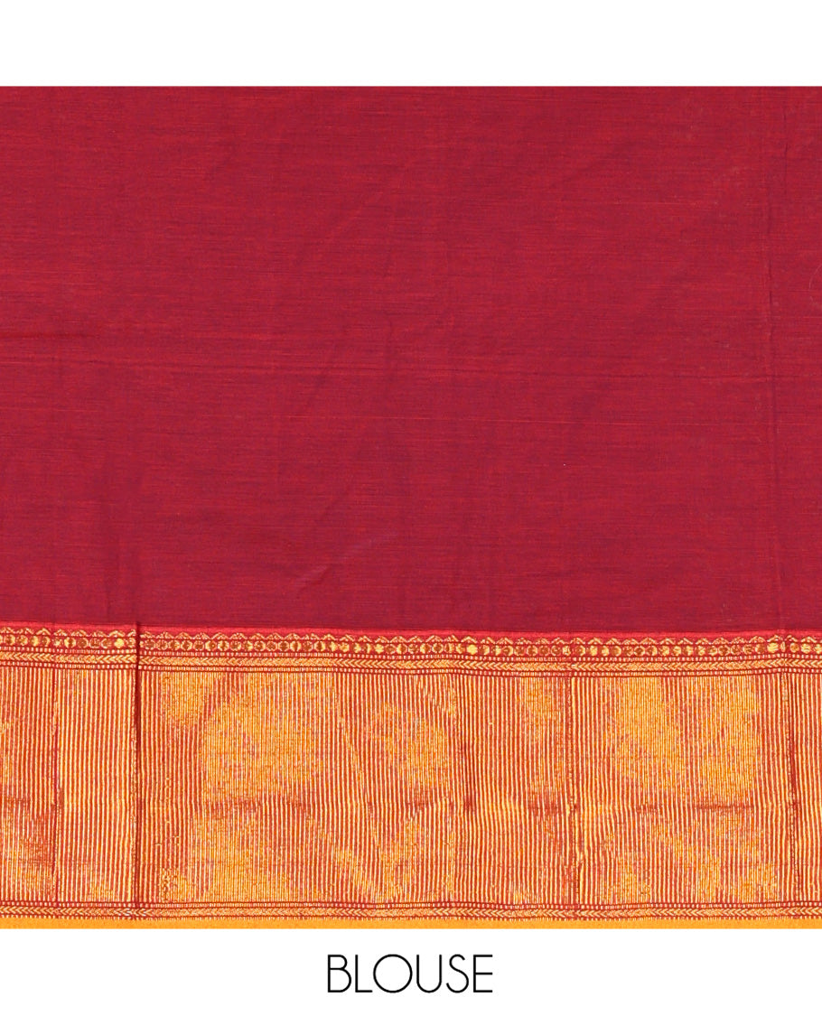 Purple Mercerised Cotton Saree, Complemented by Contrast Traditional Design Temple Border, a Subtly Striped Pallu, and Has a Matching Blouse