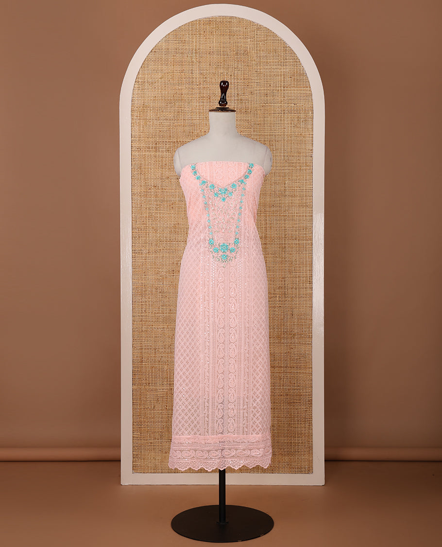 Peach chudidar material set,Lucknowi chikankari embroidered & neckwork georgette top,crepe plain bottom, & chiffon plain dupatta