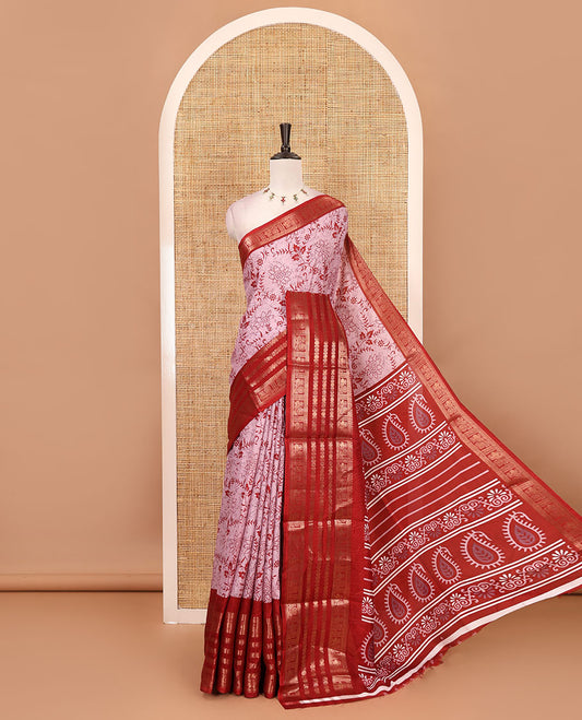 Red floral printed dola silk saree,  contrast traditional zari rettai pettu border, pallu of paisley-floral print & contrast blouse of print & zari border