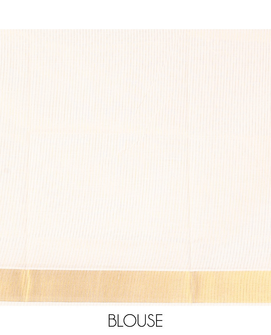 Cream Kerala Saree, Sparsely Woven with Stripes on Its Body, Zari Border, Gleaming Zari Woven Pallu, and Paired with a Matching Blouse