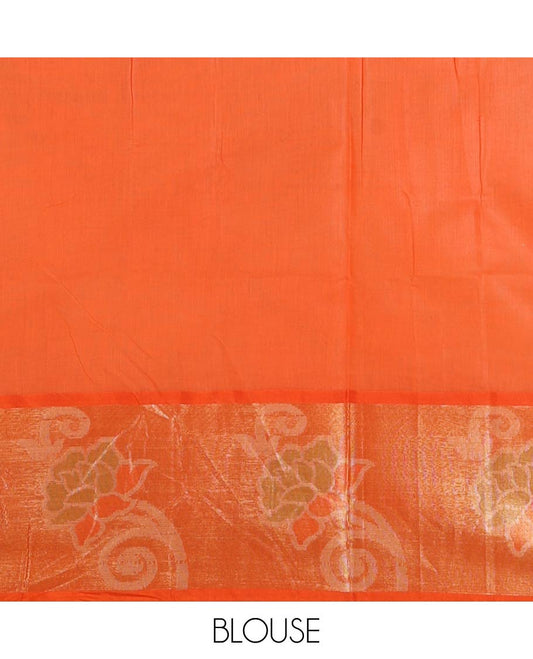 Cream pochampally-style floral thread-woven chanderi cotton saree, contrast floral zari border & floral design pallu, plain blouse