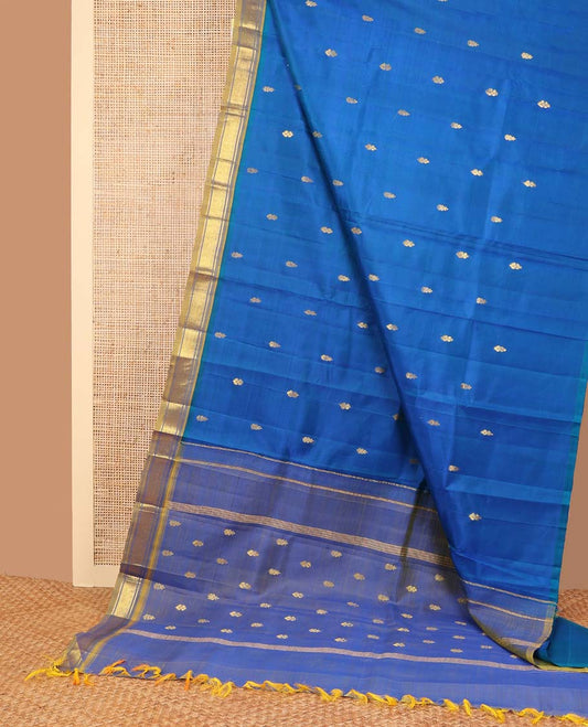 Blue floral buttas kancheepuram silk saree with contrast border of zari design & floral design pallu