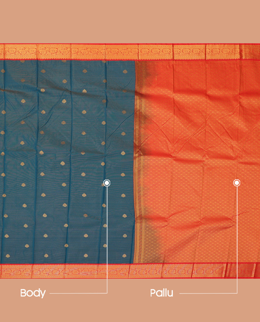 Blue Budget Silk Saree, Adorned with Zari Buttas and Stripes, a Contrast Traditional Zari Border, Jaal Pallu, and a Contrast Blouse