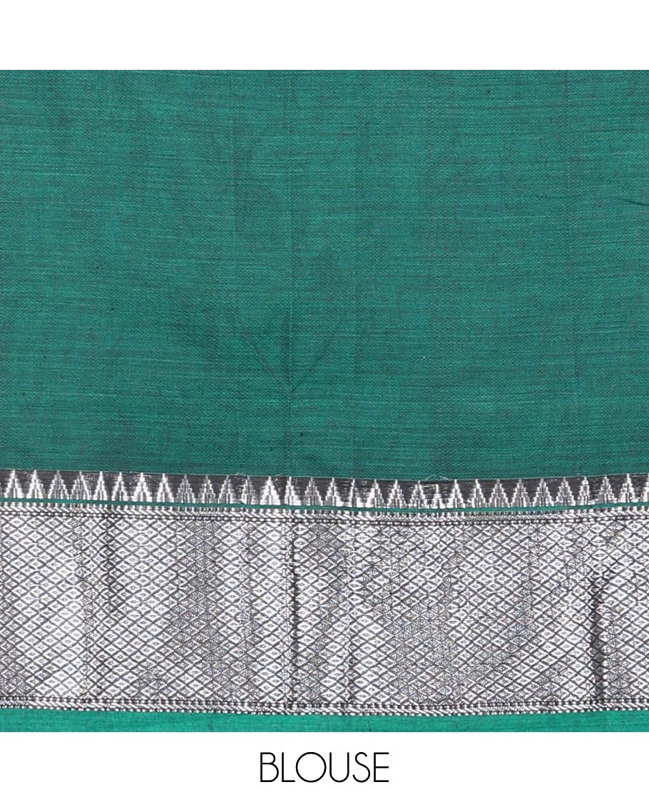 Green cotton half saree with contrast zari border, plain blouse & plain with zari border dhavani