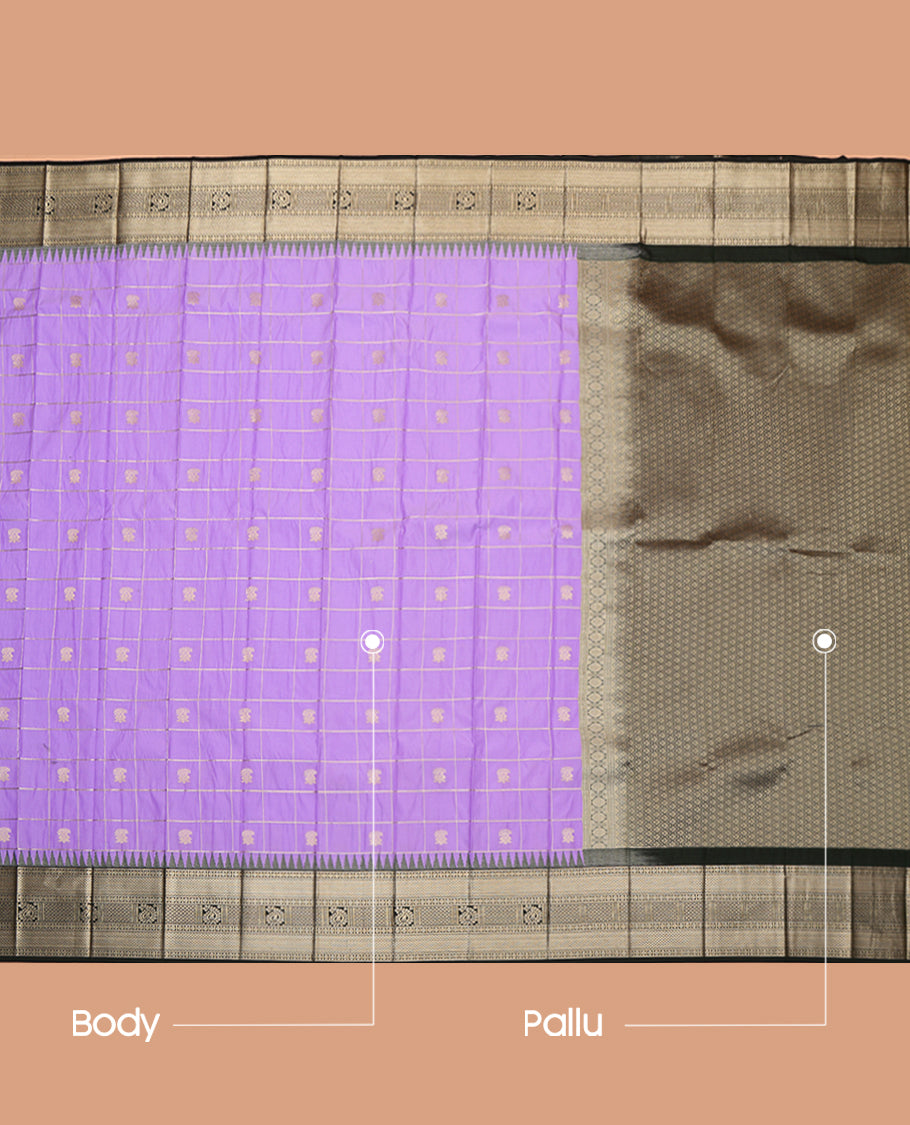 Lavender Budget Silk Saree, Woven with Zari Butta Enclosed Checks, a Contrast Traditional Temple Border, Chevron Striped Pallu, and a Contrast Blouse