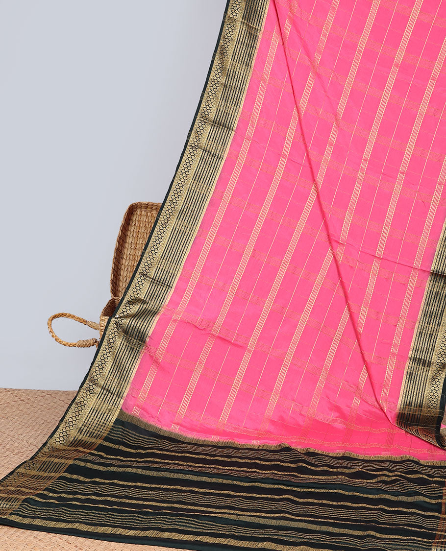 Pink zari striped design mysore silk saree with contrast zari border & striped zari pallu