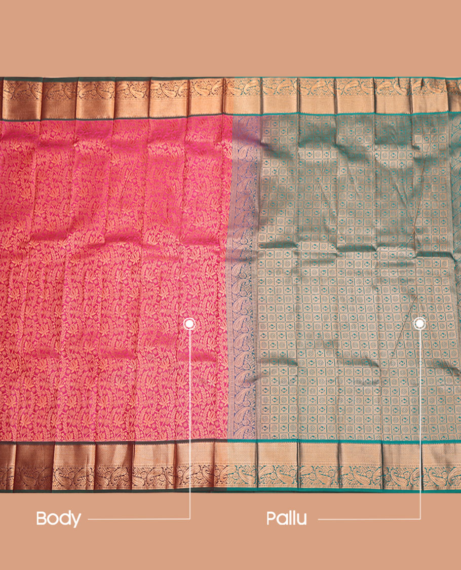 Pink Budget Silk Saree, Detailed with Jacquard Design, Complemented by a Contrast Traditional Zari Border, Grand Pallu, and a Contrast Blouse