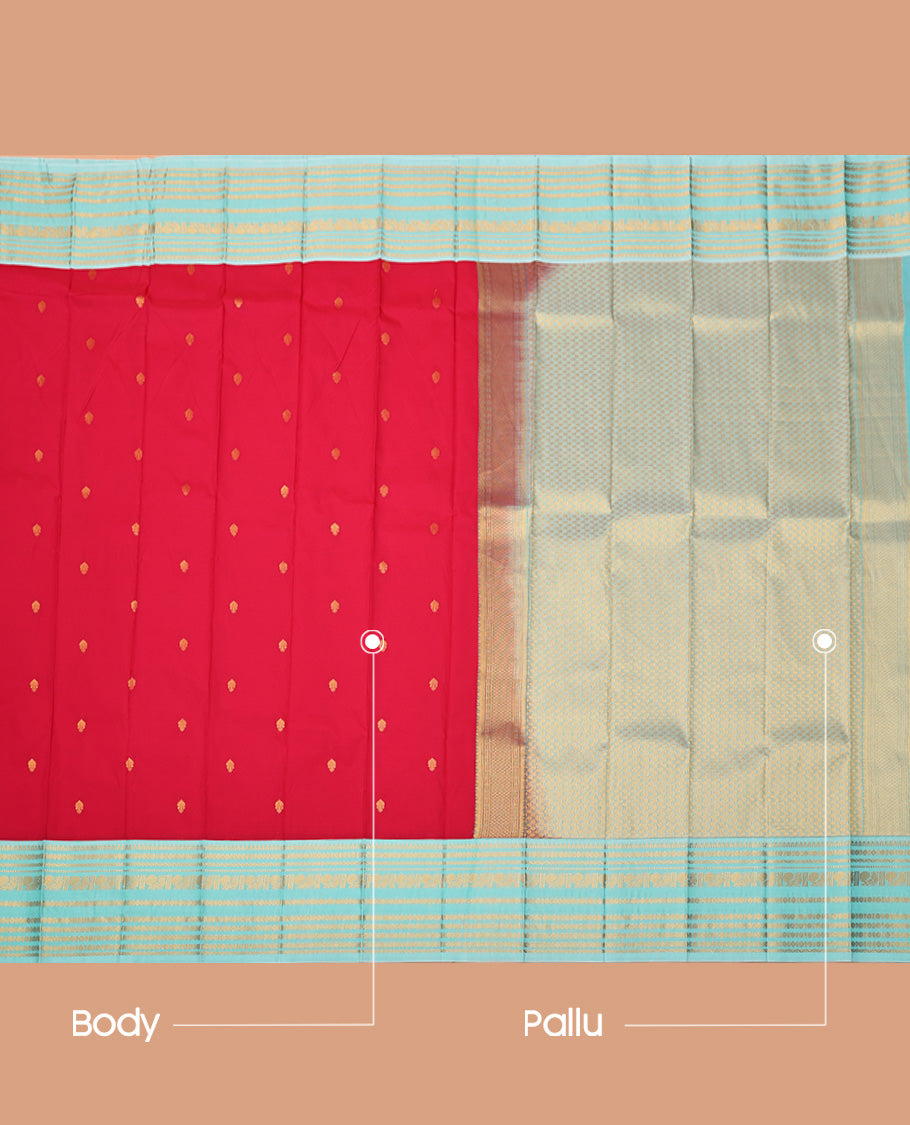 Red Budget Silk Saree, Enriched with Zari Buttas All Over Its Body, Complemented by a Contrast Traditional Zari Design Border, Grand Pallu, and Paired with a Contrast Blouse