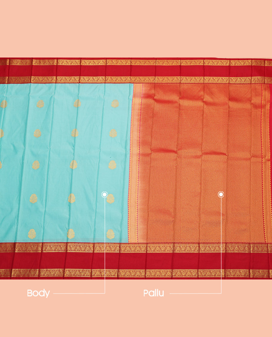 Light Blue Budget Silk Saree, Detailed with Zari Buttas, Complemented by Contrast Floral Creeper Rettai Pettu Border, Grand Pallu and a Contrast Blouse