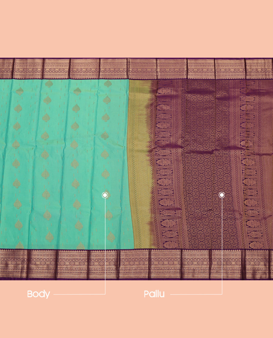 Turquoise Budget Silk Saree, Woven with Zari Buttas All Over Its Body, Complemented by a Contrast Traditional Zari Design Border, Grand Pallu, and Paired with a Contrast Blouse