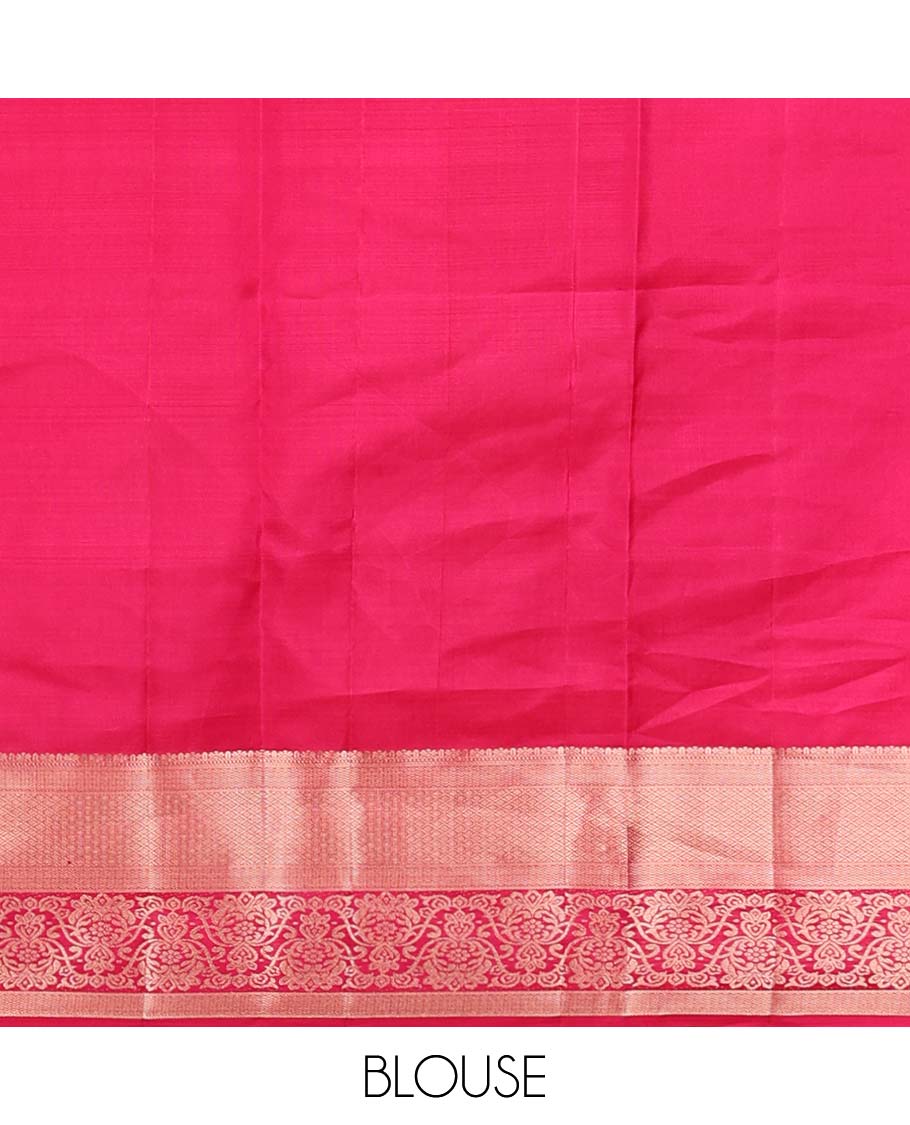 Pink floral jacquard kancheepuram silk saree with self zari design border & intricate floral zari design pallu