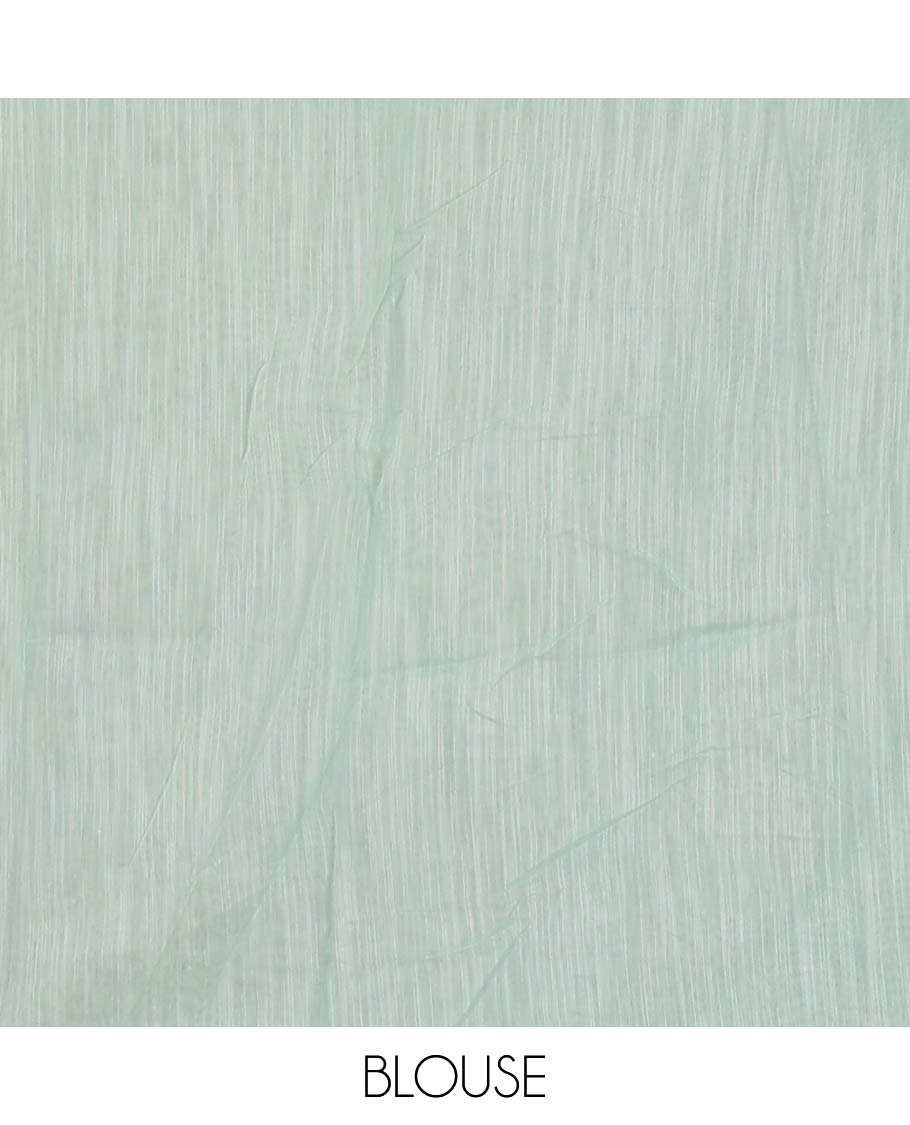 Green diamond patterns white resham thread embroidered mercerised cotton saree, lace border, and matching plain blouse