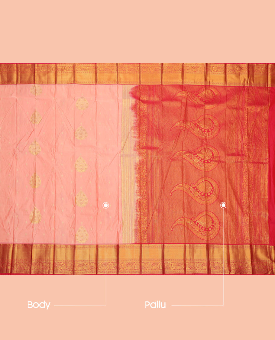 Pink Budget Silk Saree, Highlighted by Zari Buttas, a Contrast Traditional Zari Border, Grand Jaal Pallu, and a Contrast Blouse