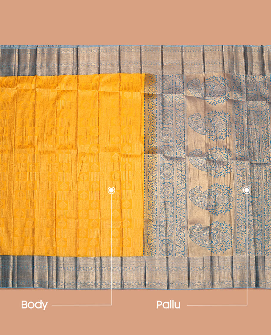 Yellow Budget Silk Saree, Subtly Sparkled with Jacquard Design, Complemented by Contrast Traditional Zari Border, Intricate Pallu, and Contrast Blouse