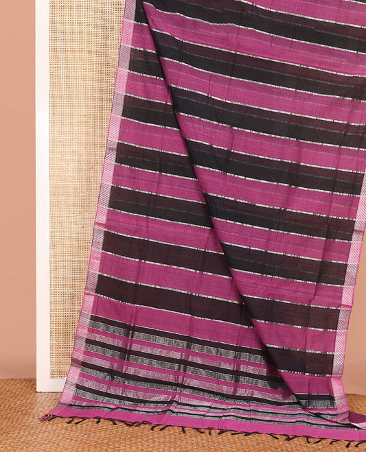 Purple and Black Striped Mangalagiri Cotton Saree, Complemented by Contrast Zari Border, Pallu of Stripes, and Paired with a Matching Blouse