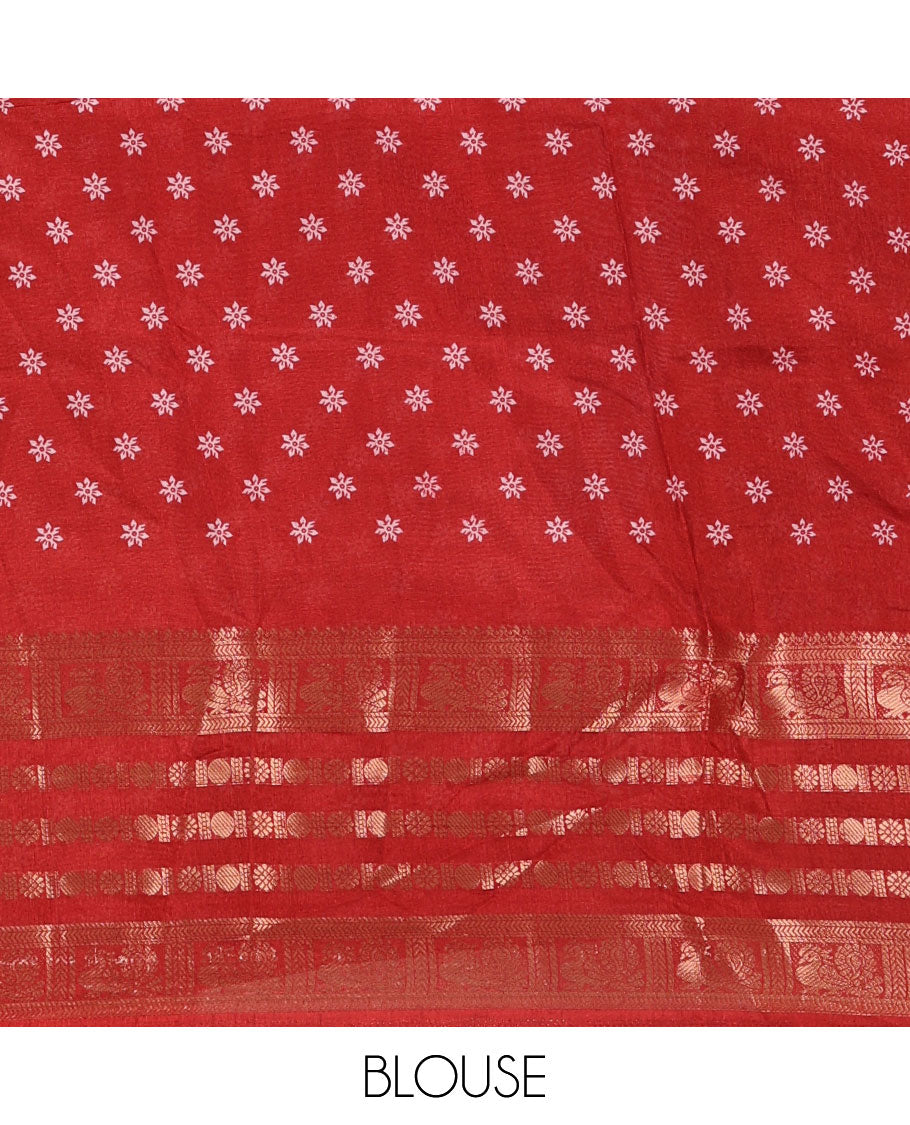 Red floral printed dola silk saree,  contrast traditional zari rettai pettu border, pallu of paisley-floral print & contrast blouse of print & zari border