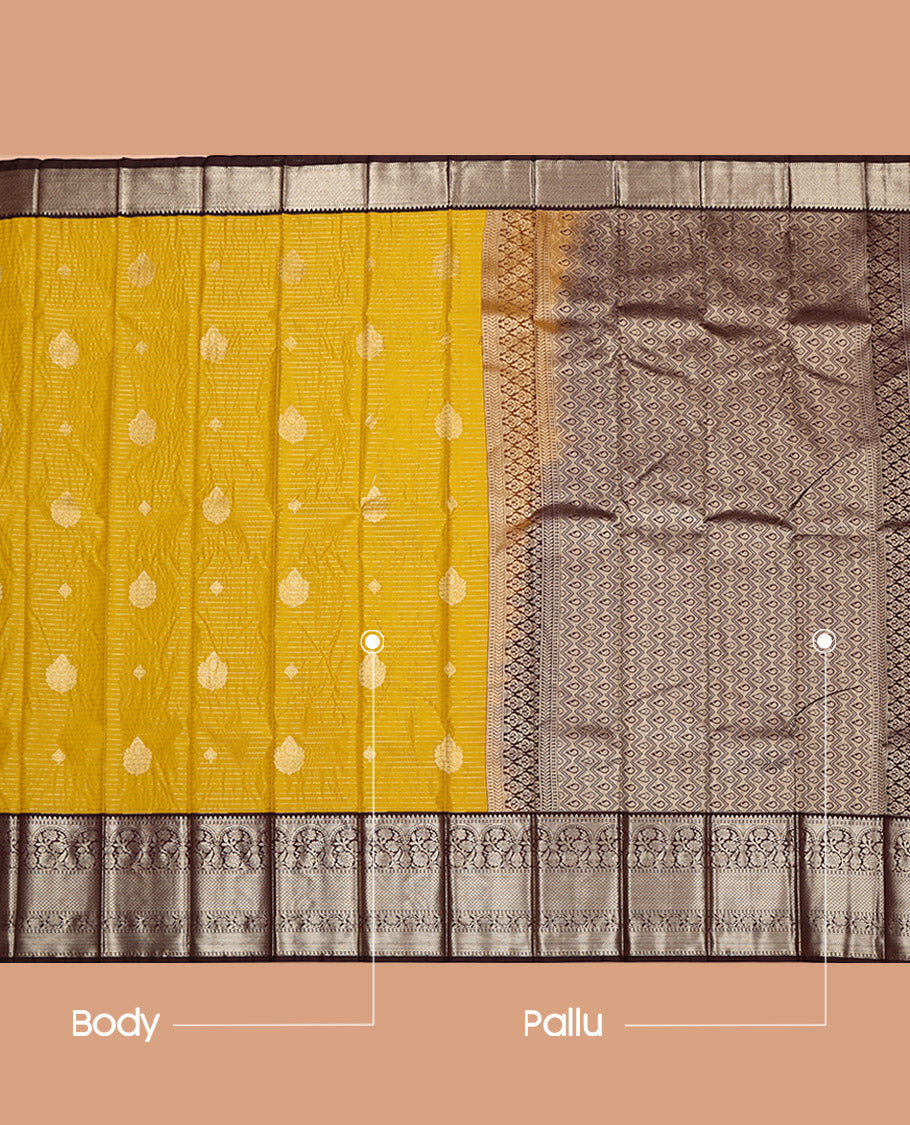Yellow Budget Silk Saree, Subtly Sparkled with Zari Buttas and Stripes on Its Body, Complemented by a Contrast Traditional Zari Border, Intricately Designed Pallu, and Paired with a Contrast Blouse