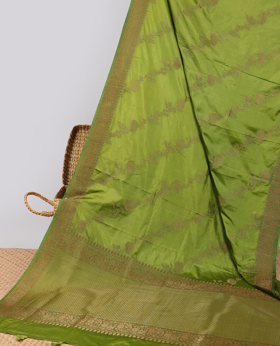 Green striped floral design semi banaras tussar saree with self traditional border & intricate zari design pallu