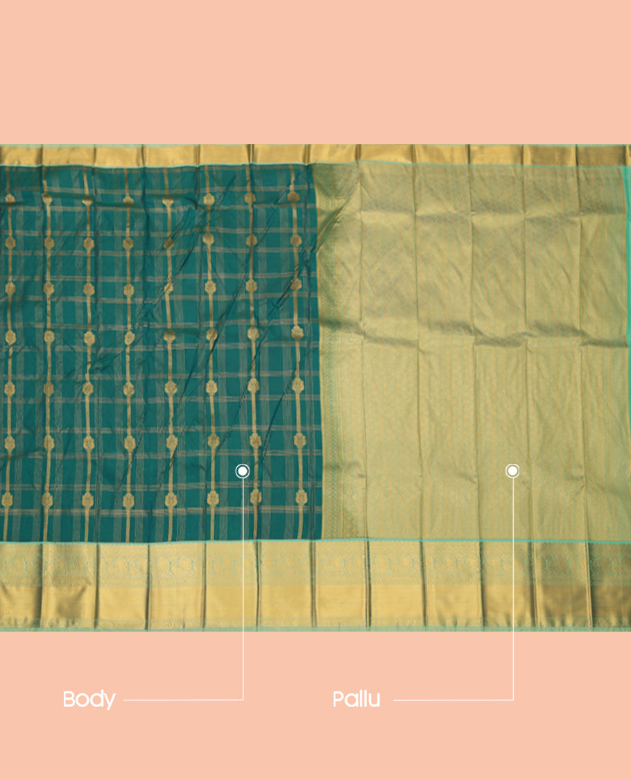 Green Budget Silk Saree, Enriched with Floral Butta Enclosed Checks, a Contrast Traditional Peacock Zari Border, a Grand Pallu and a Contrast Blouse
