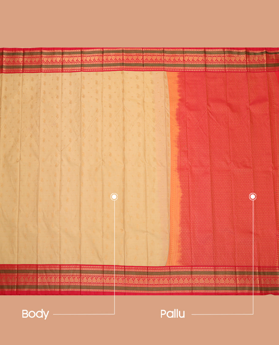 Sandal Budget Silk Saree, Sparsely Woven with Paisley Buttas, a Contrast Traditional Zari Border, Grand Pallu, and a Contrast Blouse