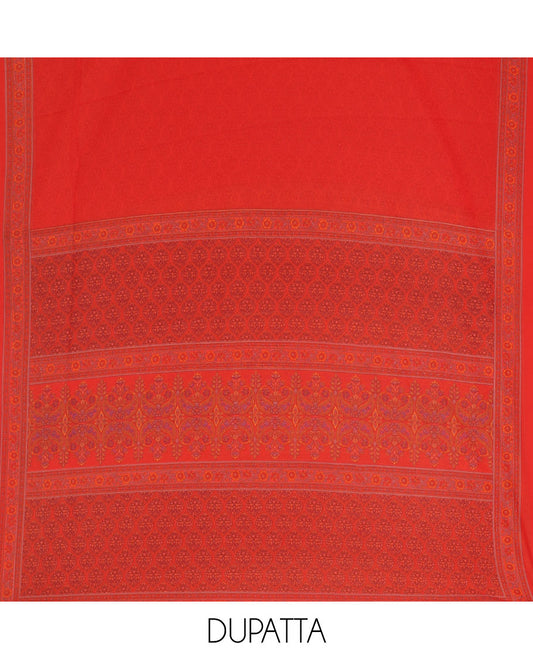 Red material chudidar set, floral-printed Italian crepe top, a plain bottom, and a floral and ogee-patterned printed georgette dupatta