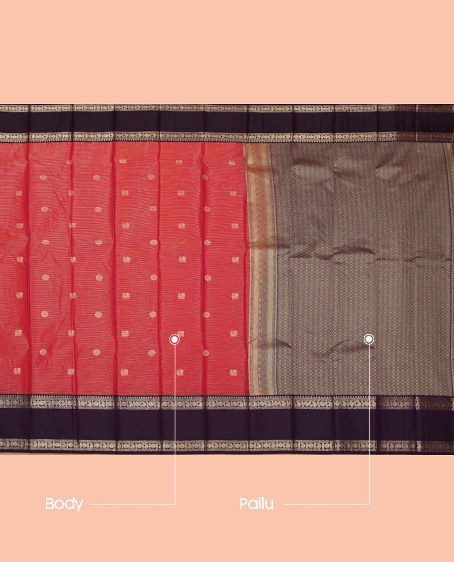 Red Budget Silk Saree, Steeped in Richness of Peacock-Chakram Buttas and Stripes, a Contrast Traditional Zari Rettai Pettu Border, Grand Pallu, and a Contrast Blouse