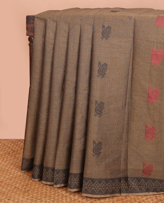 Brown bird buttas Combatiore cotton saree, diamond motifs border & elephant & peaocck enclosed jaal pallu