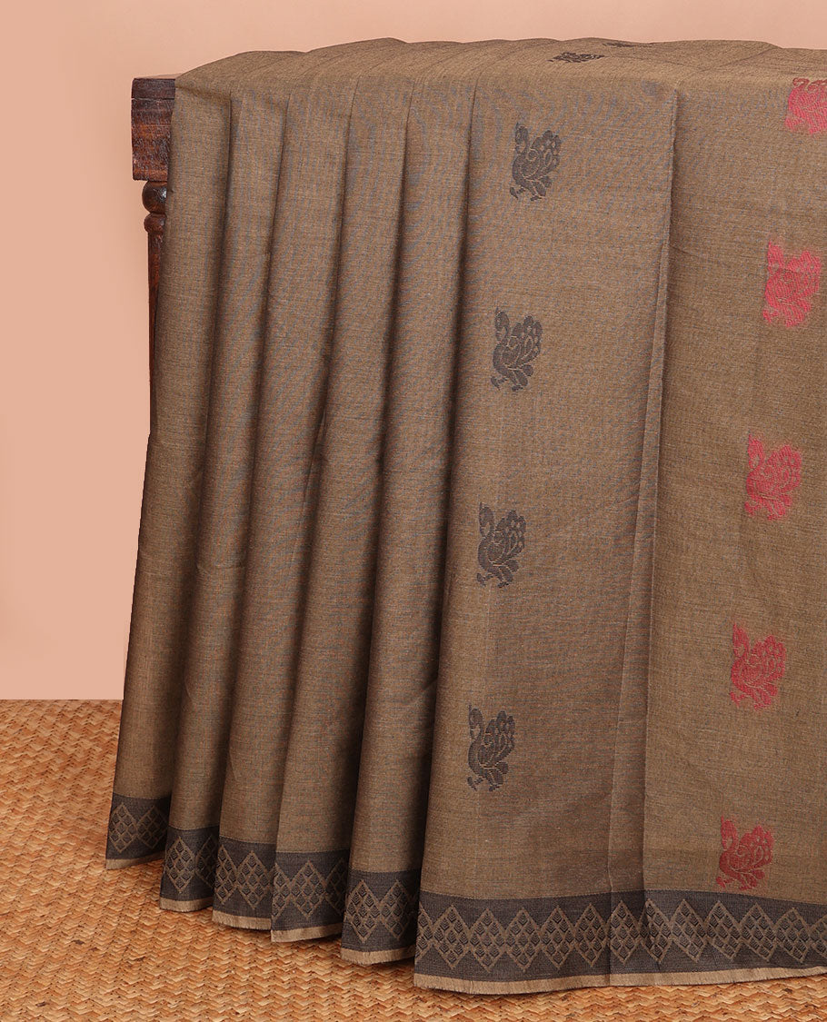 Brown bird buttas Combatiore cotton saree, diamond motifs border & elephant & peaocck enclosed jaal pallu