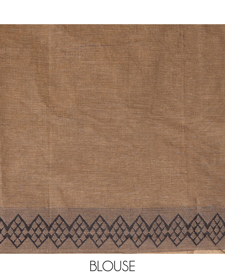 Brown bird buttas Combatiore cotton saree, diamond motifs border & elephant & peaocck enclosed jaal pallu