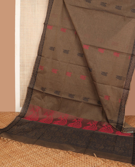 Brown bird buttas Combatiore cotton saree, diamond motifs border & elephant & peaocck enclosed jaal pallu