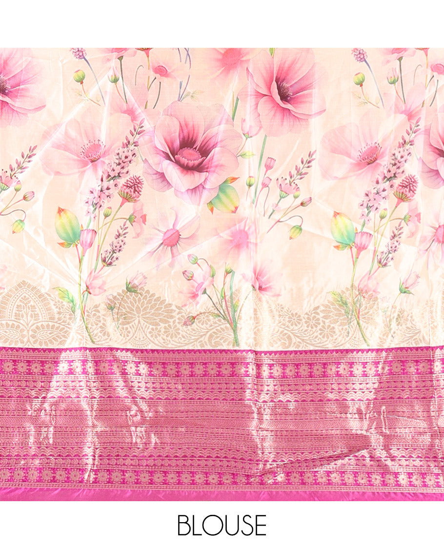 Cream-Magenta Semi-Silk Half-Saree, Features Pink Floral Printed Skirt, Contrast Traditional Zari Border, a Matching Blouse, and a Floral Print Semi-Silk Dhavani