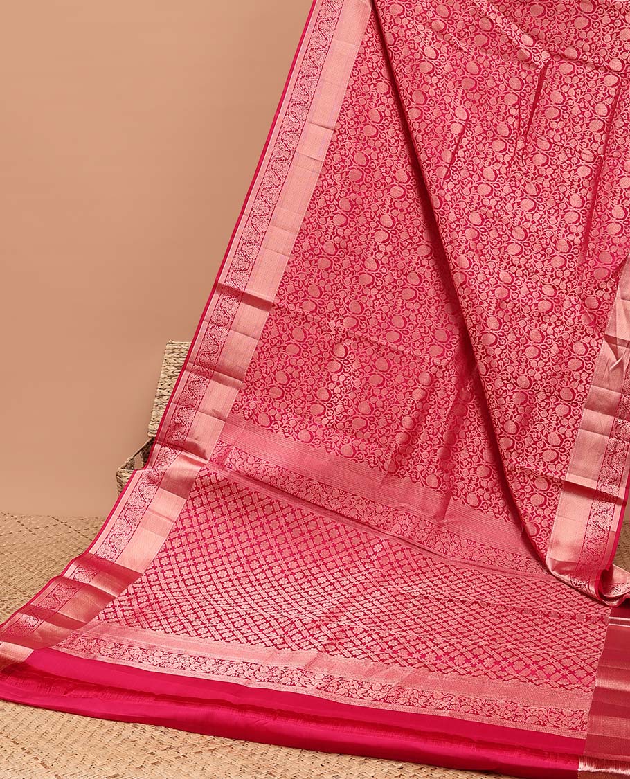 Pink floral jacquard kancheepuram silk saree with self zari design border & intricate floral zari design pallu
