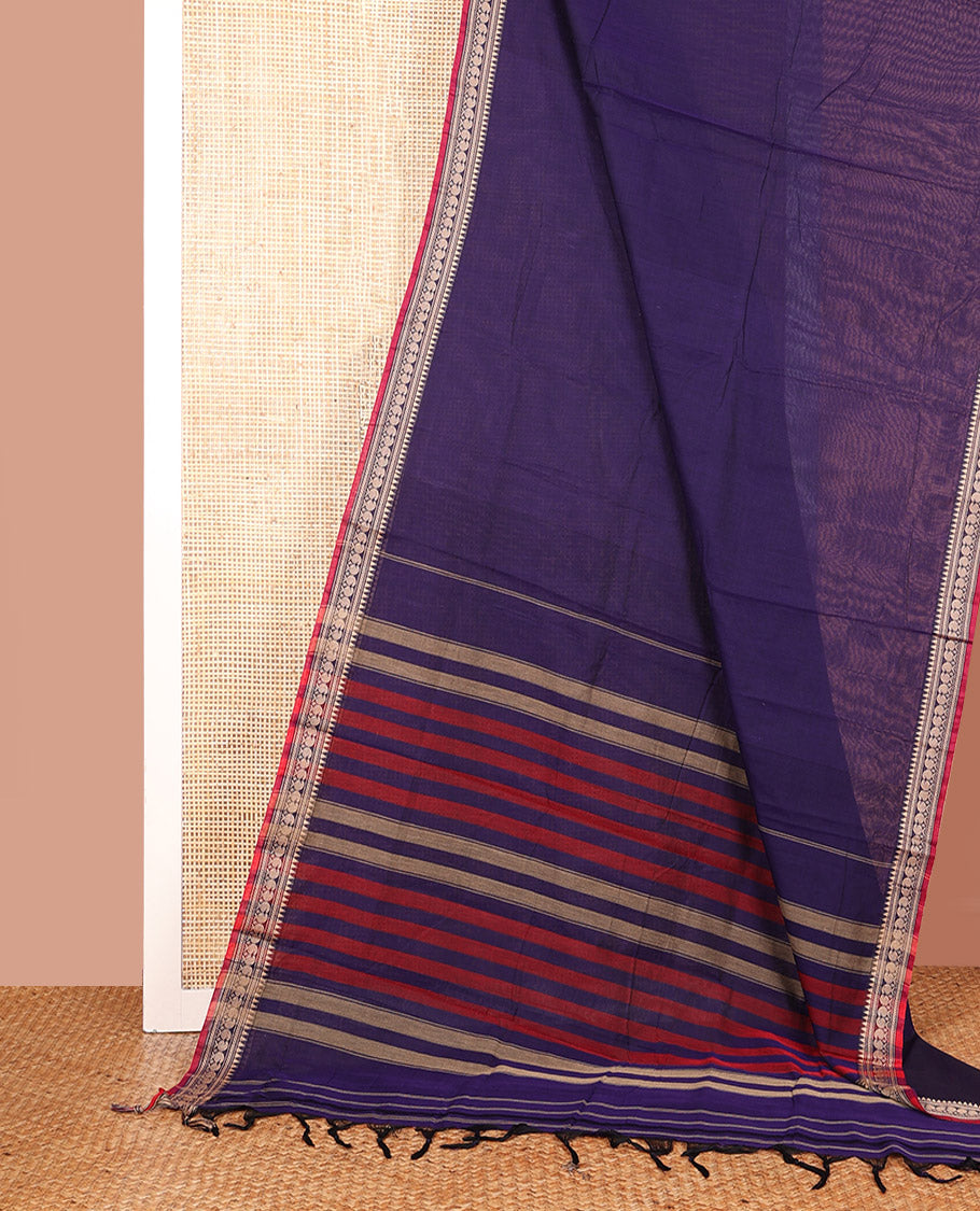 Blue Plain Narayanpet Cotton Saree, Complemented by a Contrast Traditional Thread Border, Vibrant Pallu, and Paired with a Matching Blouse
