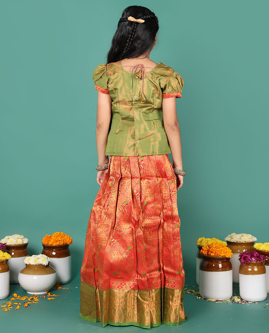 Red readymade art silk pavadai, jacquard & contrast zari border skirt & contrast jacquard round neck embroidered puff-sleeve blouse