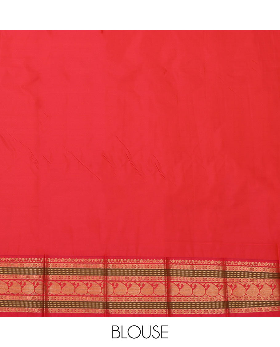 Sandal Budget Silk Saree, Sparsely Woven with Paisley Buttas, a Contrast Traditional Zari Border, Grand Pallu, and a Contrast Blouse