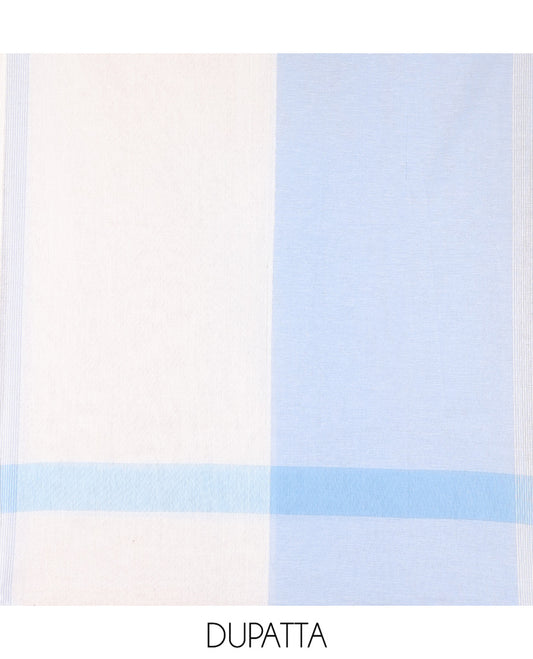 Sky Blue Handloom Cotton Material Chudidar, Buttas Woven Top, a Plain Bottom, and Contrast Dupatta