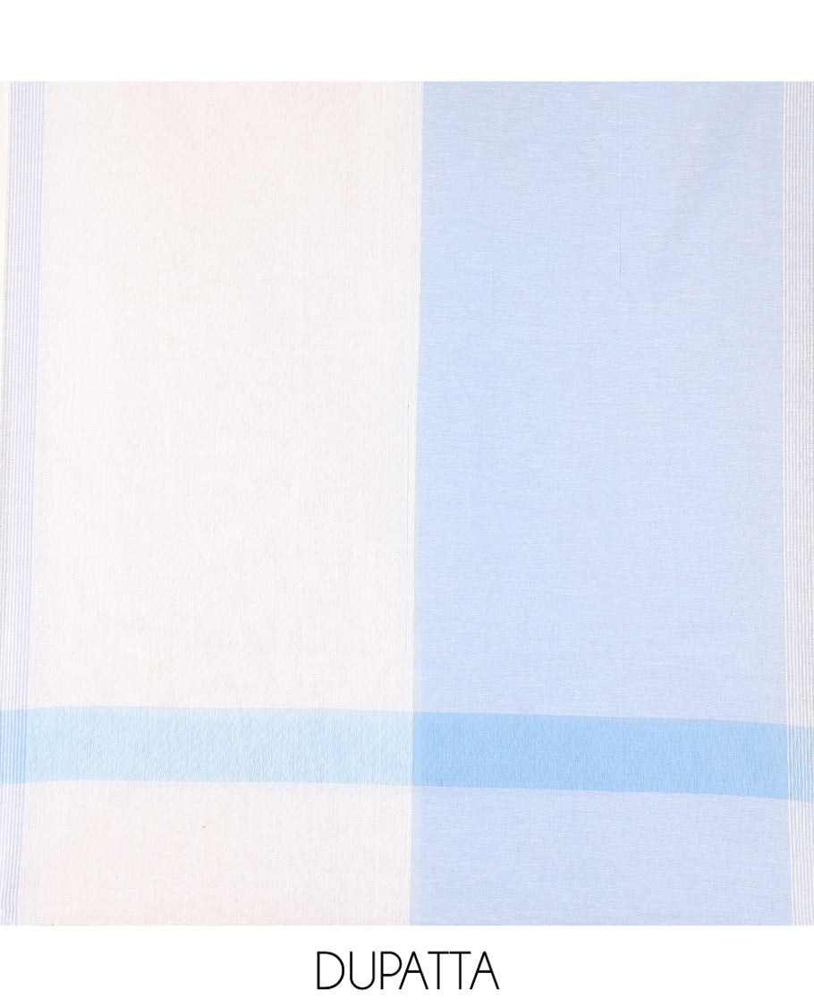 Sky Blue Handloom Cotton Material Chudidar, Buttas Woven Top, a Plain Bottom, and Contrast Dupatta